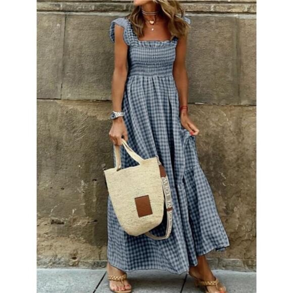 Full Size Gingham Smocked Ruffle Maxi Dress Plus Size - Picture 3 of 5